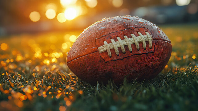 Close-up of a wet American football lying on a grassy field at sunset, illuminated by warm golden light.