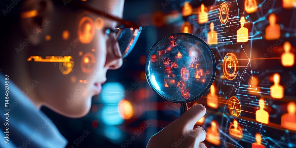 Poster Young professional examining digital profiles through magnifying glass, surrounded by glowing abstract representations of people in a futuristic setting