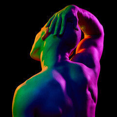 Back view of young bald man, posing shirtless, demonstrating muscular back and strong physique on...