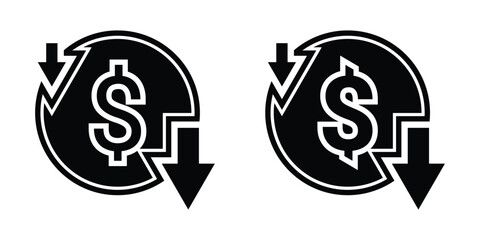 Flat design icon representing cost reduction with a downward arrow and dollar symbol. Cost reduction, decrease, cut costs, down arrow, cost control, cost cutting
