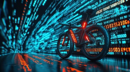 Sleek bicycle in digital tunnel binary code background