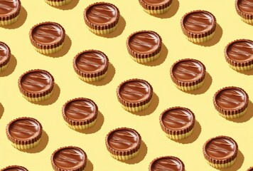 Fototapeta premium Assorted Chocolate Cups Arranged Neatly on Yellow Background for Sweet Treat Aesthetic and Dessert Inspiration with Colorful Presentation