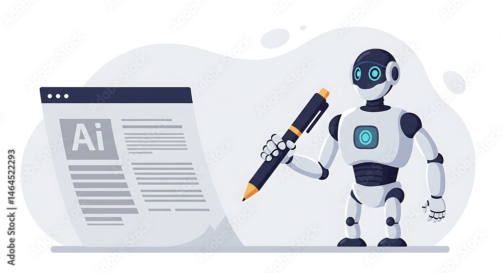 Poster a futuristic robot writing with a pen on a digital document with the ai symbol.