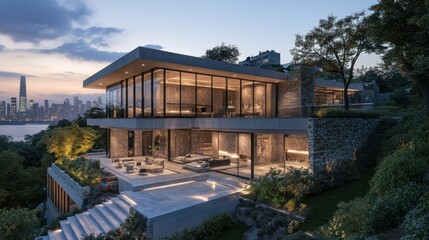 Fototapeta premium Contemporary cliff house with boulder exterior and panoramic glass windows of the city skyline, background wallpaper AI generated image