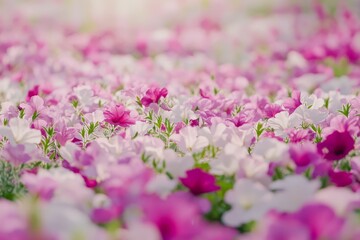 Obraz premium A vibrant field of mixed pink and white flowers.