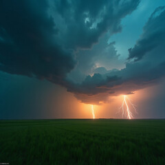Thunderstorm with Lightning Over Fields