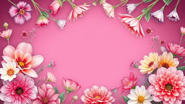 Romantischer Rahmen aus rosa und gelben Blumen auf pinkem Hintergrund &ndash; perfekt f&uuml;r Gru&szlig;karten, Einladungen oder Dekoration.