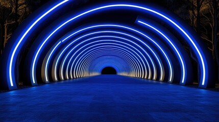 Blue neon light tunnel abstract circular arc background