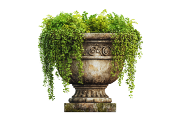 Antique Stone Urn Overflowing with Lush Greenery Perfect for Garden or Home Decor