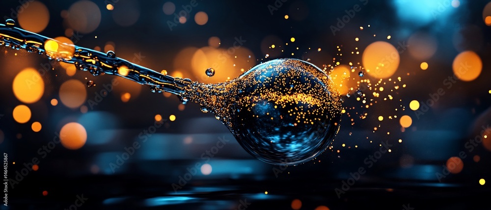 Poster abstract sphere fluid with light particles on a blurred background