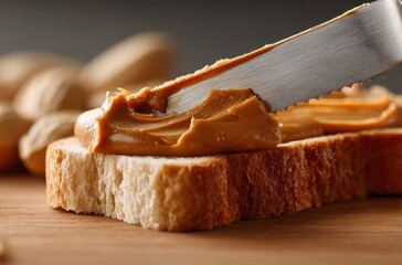 Close-up of Creamy Peanut Butter Being Spread on Freshly Toasted Bread Slice with Peanuts in the Background for Tasty Breakfast or Snack Ideas