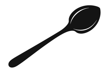 Simple black spoon is angled slightly on a plain white background in this artwork