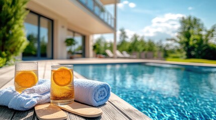 Luxurious poolside drinks and towels on a wooden deck.