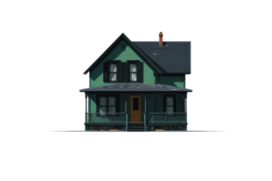 Charming Teal Green Victorian House with Porch and Dark Roof Perfect for family home or real estate imagery