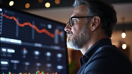A man with a beard and glasses looks intently at a computer screen displaying a downward trending graph. The scene is dark, illuminated by the screen's glow, creating a serious and contemplative