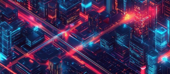 Obraz premium Futuristic city at night with glowing skyscrapers and illuminated roads.