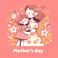 Flat vector illustration of a mother and her red-haired daughter sharing a warm hug surrounded by flowers, with "Happy Mother’s Day" text on a pastel pink background in greeting card style
