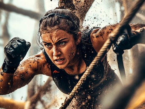 Woman conquering obstacle course outdoor training ground action photography gritty environment close-up perseverance - Powered by Adobe