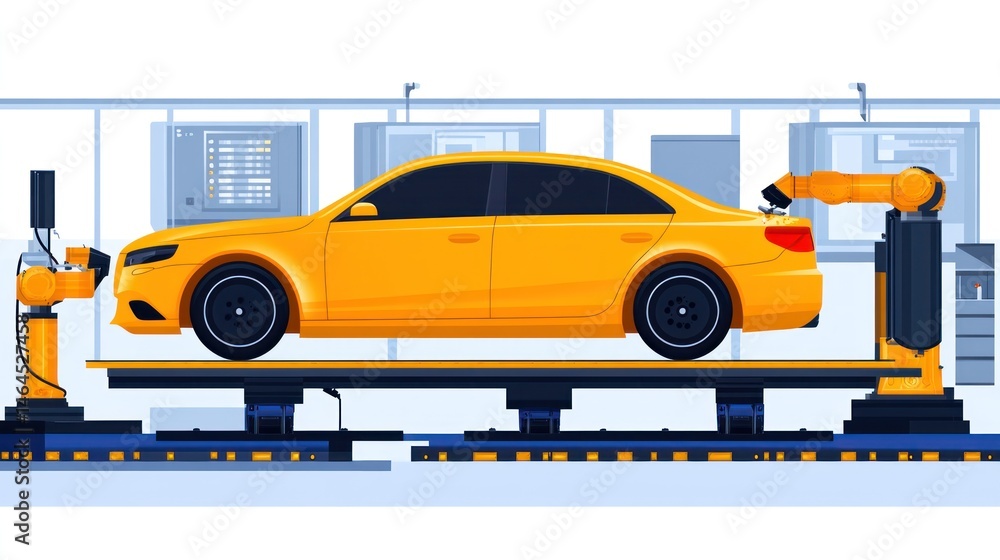 Poster automated car assembly line robots and manufacturing process