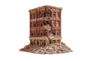 A Destroyed Brick Building Collapsed in Rubble Stock Photo of Damaged Architecture