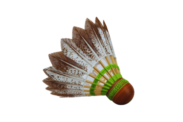 Close up Detailed Shot of a Badminton Shuttlecock with Brown and White Feathers Green Base and Wooden Cork