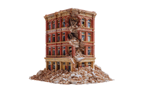 A Destroyed Brick Building Collapsed in Rubble Stock Photo of Damaged Architecture