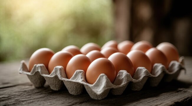 Carton of brown eggs on a wooden surface