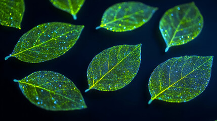 Glowing Green Leaves Closeup Dark Background Microscopic Photography