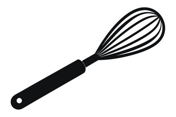 A black whisk with metal wires and a long handle is prominently displayed