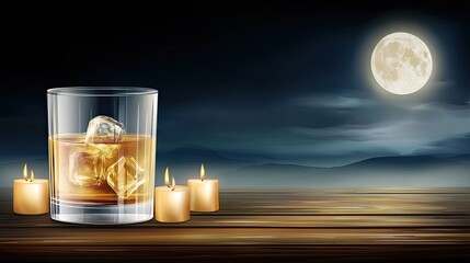 A glass of whiskey on the rocks with moonlight in the background