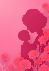 Silhouette of loving mother holding her child with blooming carnations on pink background, evoking tenderness, maternal love, and joyful Mother's Day celebration