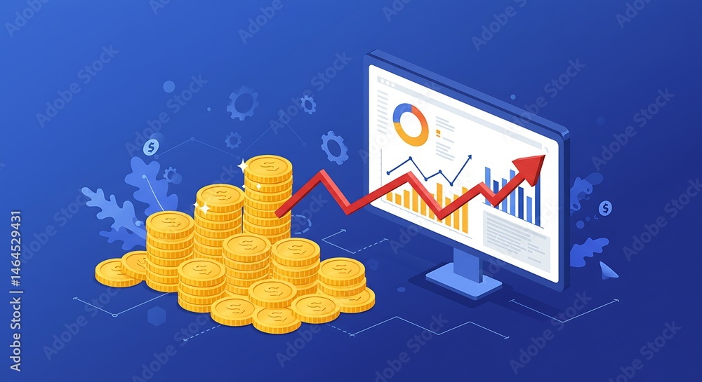 Poster Visual representation of financial growth displayed on a computer monitor with stacks of coins.