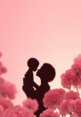 Pink background illustration of mother and child with blooming carnations, expressing emotional bond and family connection for Mother's Day theme