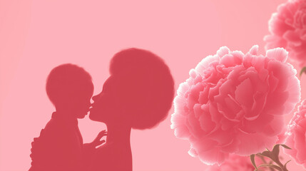 Mother's Day concept illustration with blue flower vase, blooming pink carnations, and mother-child silhouette conveying love, gratitude, and joy