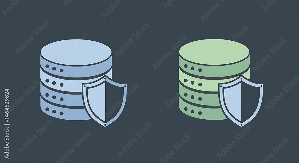 Poster a graphic of two database servers, each protected by a shield, conveying data security.