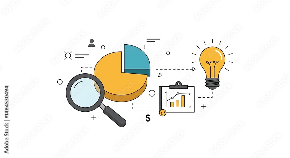 Poster a conceptual flat design illustration showing a business idea analysis with a chart and a lightbulb.