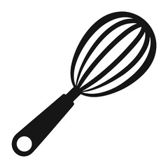 A kitchen utensil showing a wire whisk with handle for cooking icon