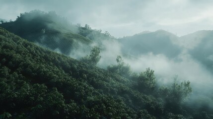 Fog-covered coffee plantation on a mountain slope, 