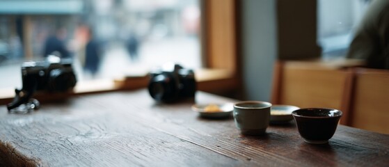 A rustic table setting in a café with cups and cameras, inviting creativity in a warm, atmospheric space.