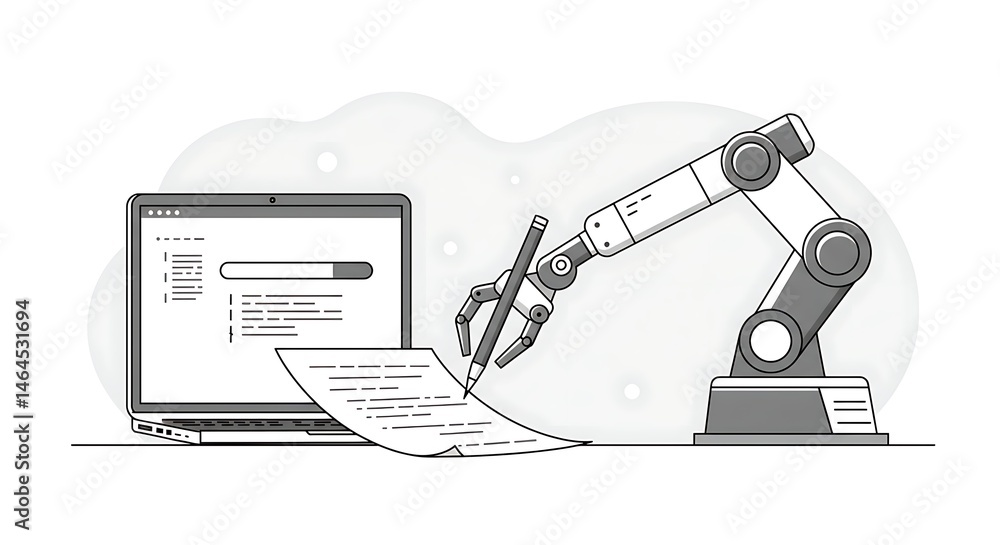 Poster a robotic arm writes on paper near a laptop, representing automated writing and technology.