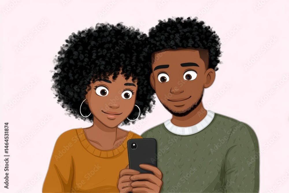 Poster young couple joyfully sharing a moment together while viewing a smartphone displaying captivating co