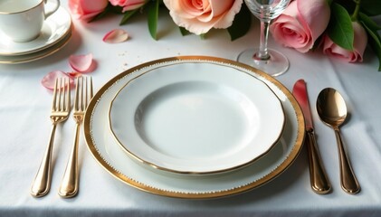 Elegant place setting with silverware and empty plates , date, plates, cutlery