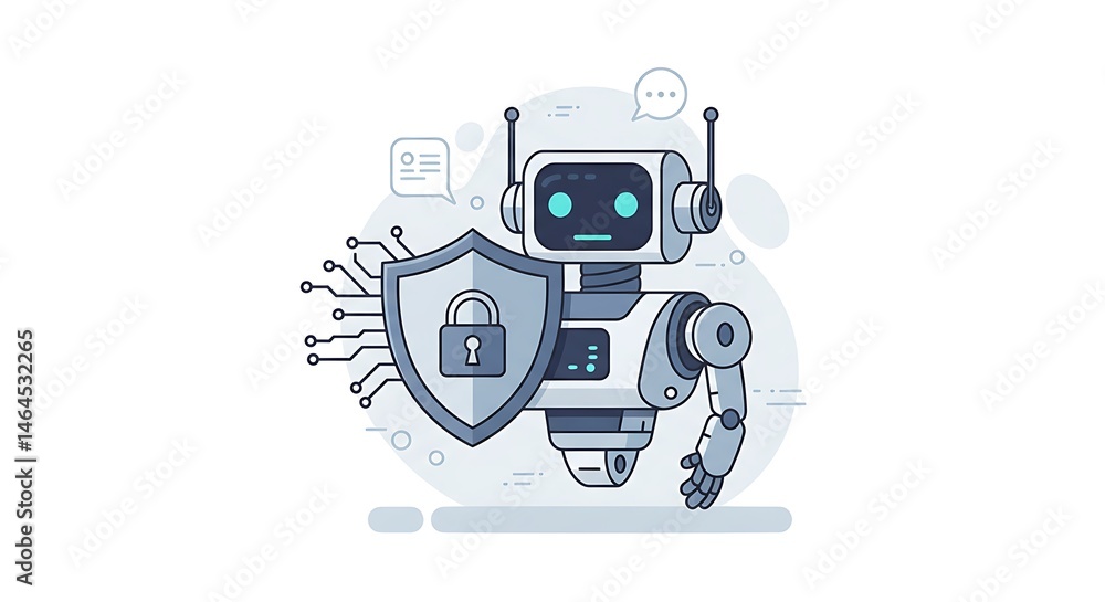 Poster a modern robot with a shield protects the digital world in a cool and futuristic design.