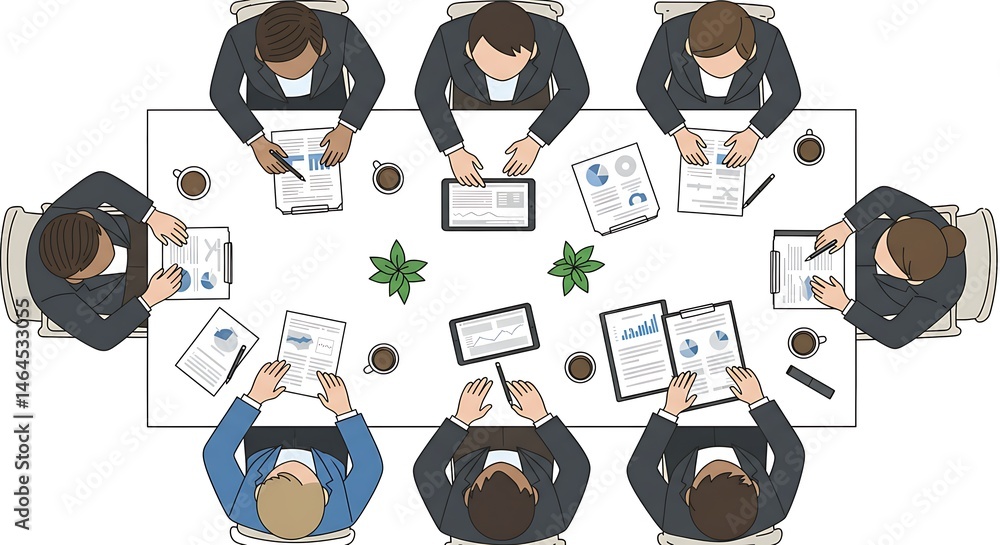 Poster top-down illustration of a business meeting with colleagues discussing reports and data analysis.