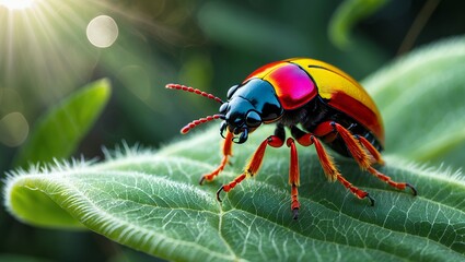 Fototapeta premium Colorful Beetle on Green Leaf