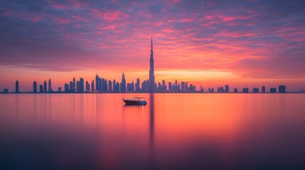 Naklejka premium Serene sunrise cityscape with boat reflection
