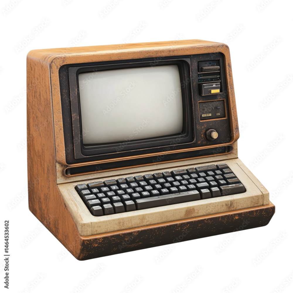 Poster vintage computer with integrated monitor keyboard and disk drives showing signs of age and wear