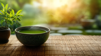 A bowl of green matcha tea with a potted tea plant beside it, in a peaceful garden setting
