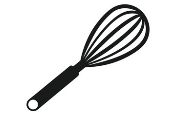 Black whisk with a handle is shown on an isolated, plain white background