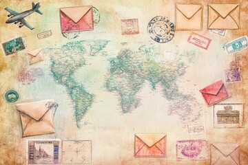Fototapeta premium Vintage world map with mail and travel items